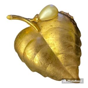 Vintage Goldtone 1969 Avon Leaf & Pearl Solid Perfume Locket Brooch ~or~ Pin